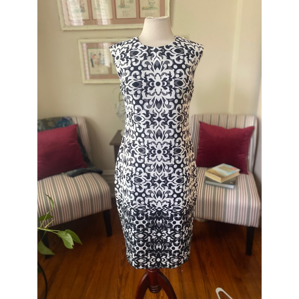 Marc‎ New York Andrew Marc Black White Damask Print Sheath Dress Size 6 career